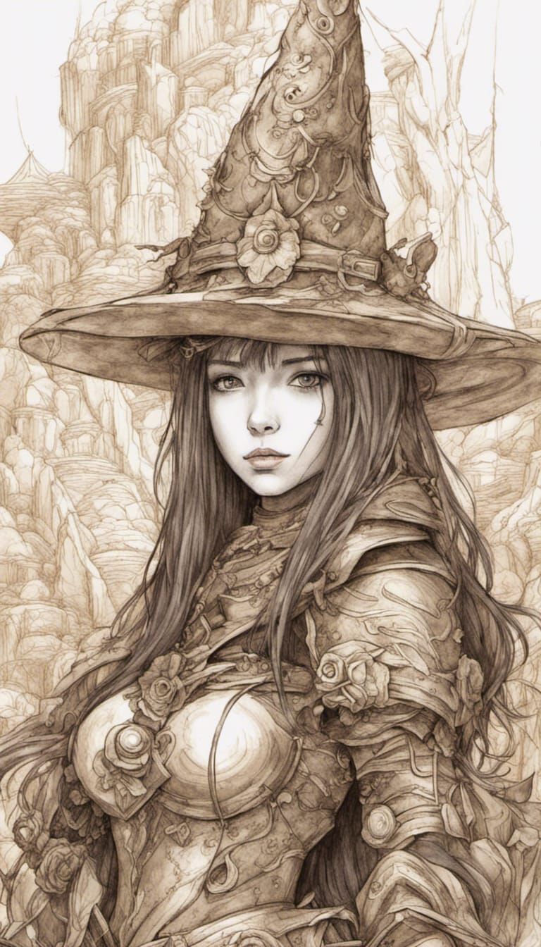 Armored Witch Portrait with Waterfall, Sketch Art