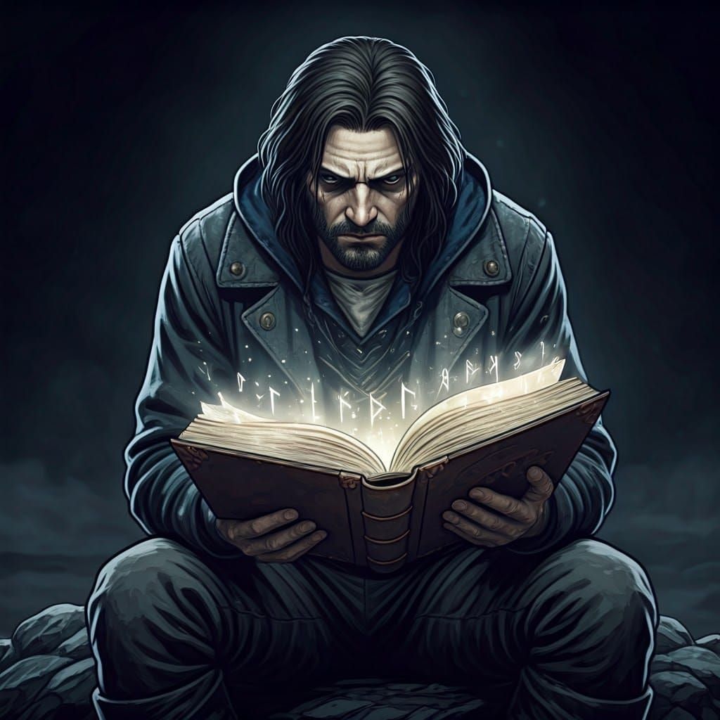 Brooding Man Reading Runes in Maritime Attire