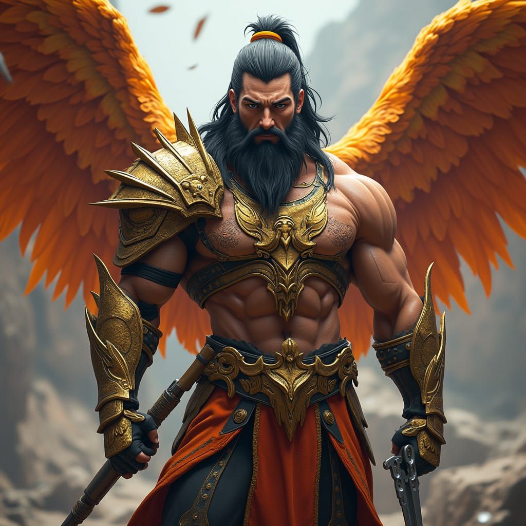 Strong Fallen Angel in Intricate Phoenix Armor
