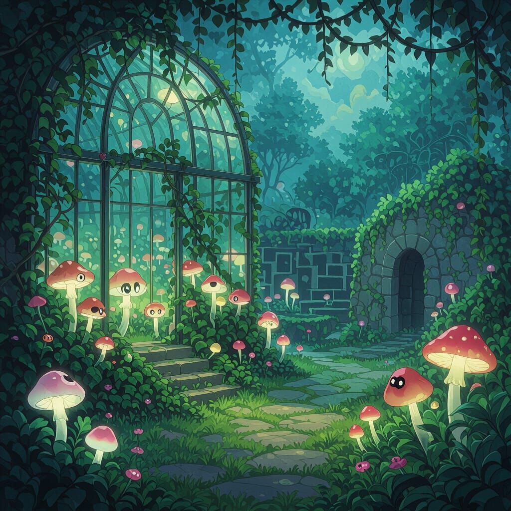 Ghibli Style Haunted Garden with Glowing Mushrooms