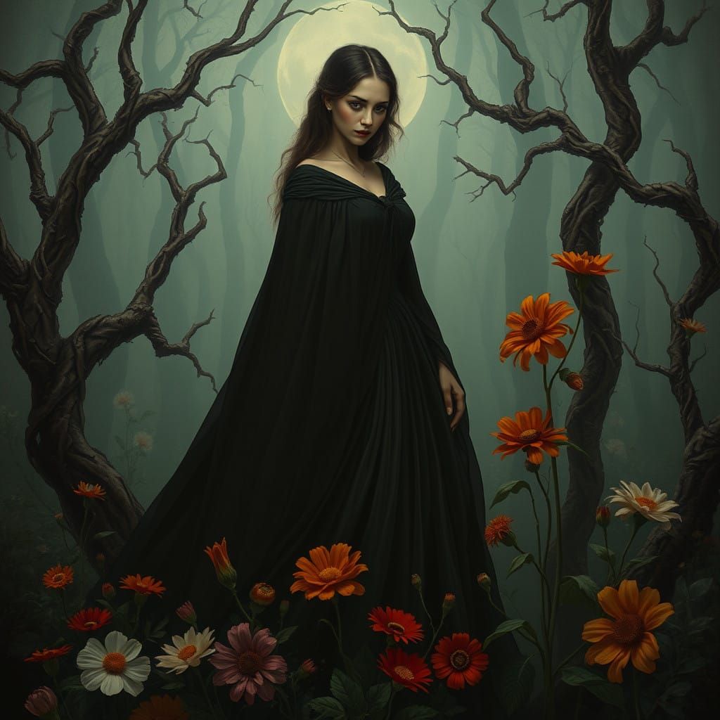 Ethereal Victorian Woman in Mystical Forest Landscape