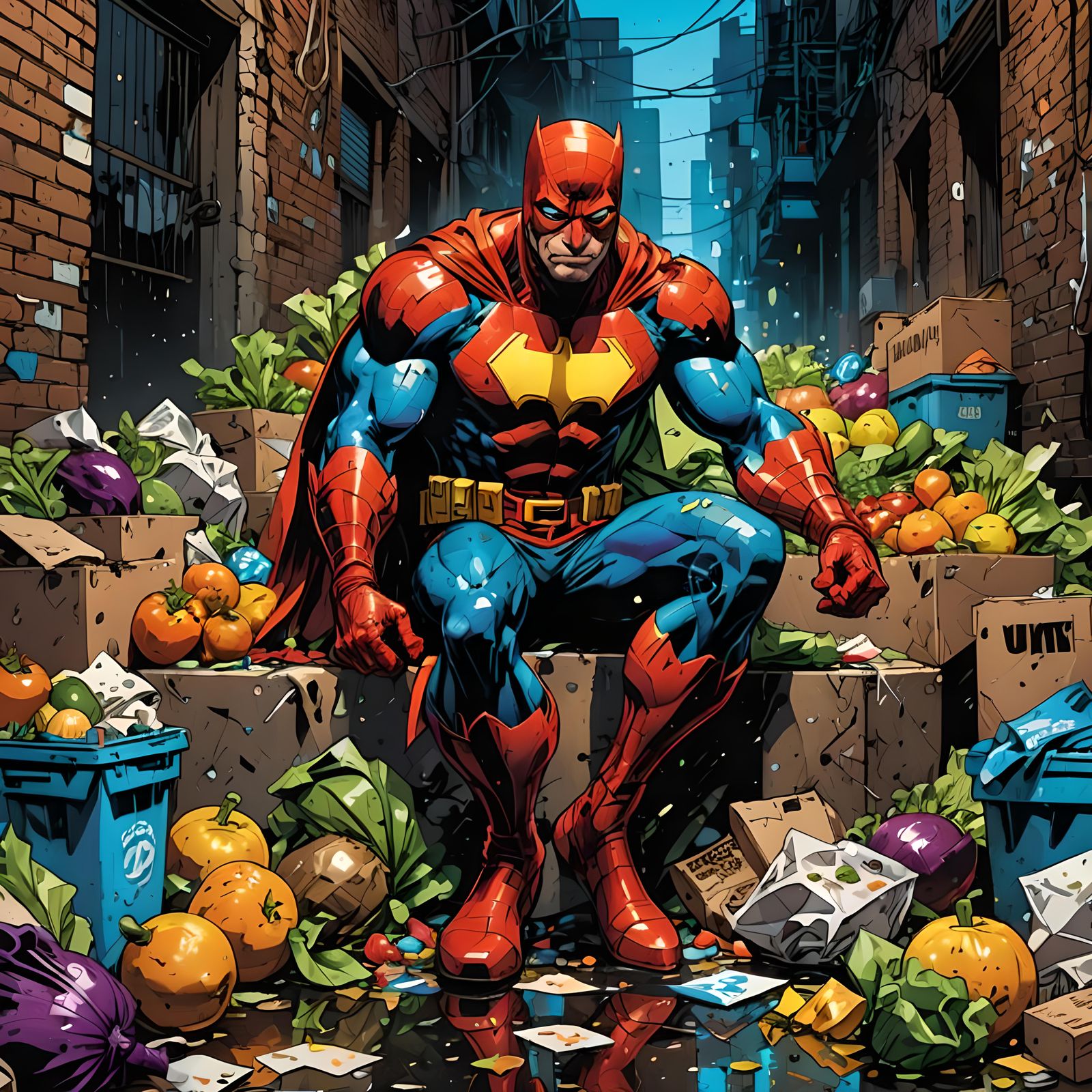 Superhero in Alleyway Oasis of Produce
