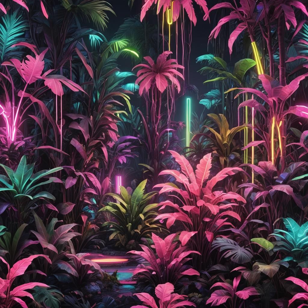 **Main Prompt:** Enchanted Tropical Oasis in Neon Colors: Pl...
