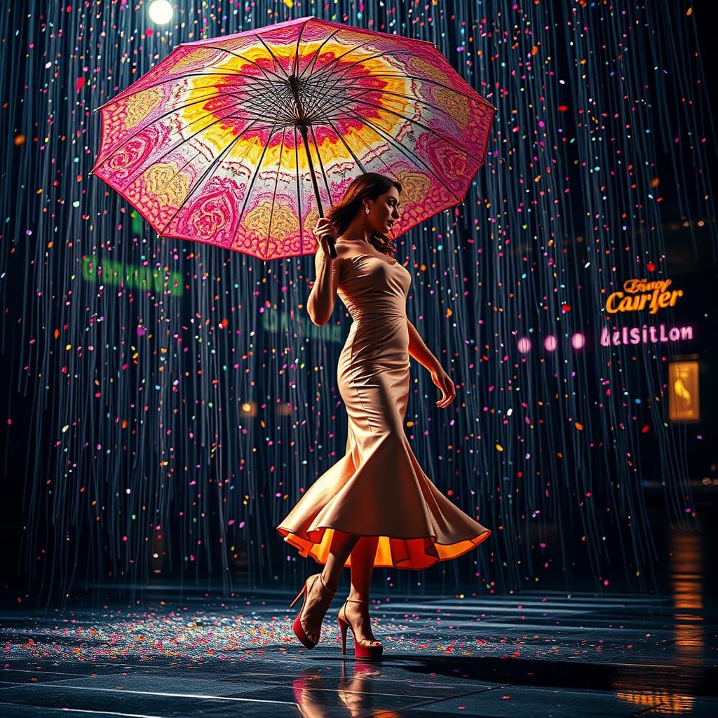Vibrant Umbrella Dancer in Mid-Air