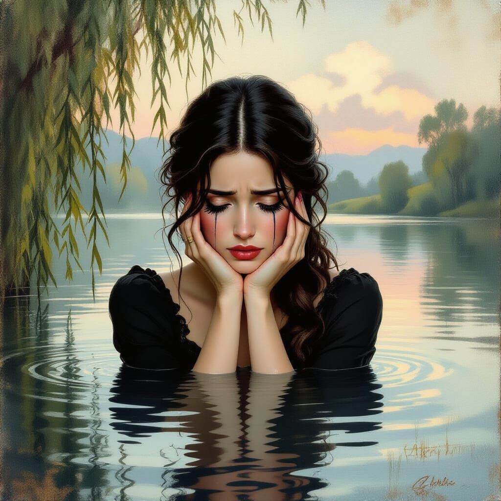 Woman's Tears Create a Melancholy Lake Landscape
