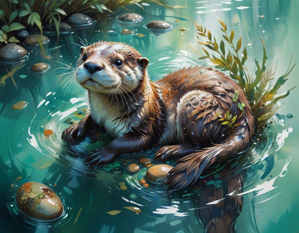 Otter Cradling Pebble: Neo-Impressionist Oil Painting