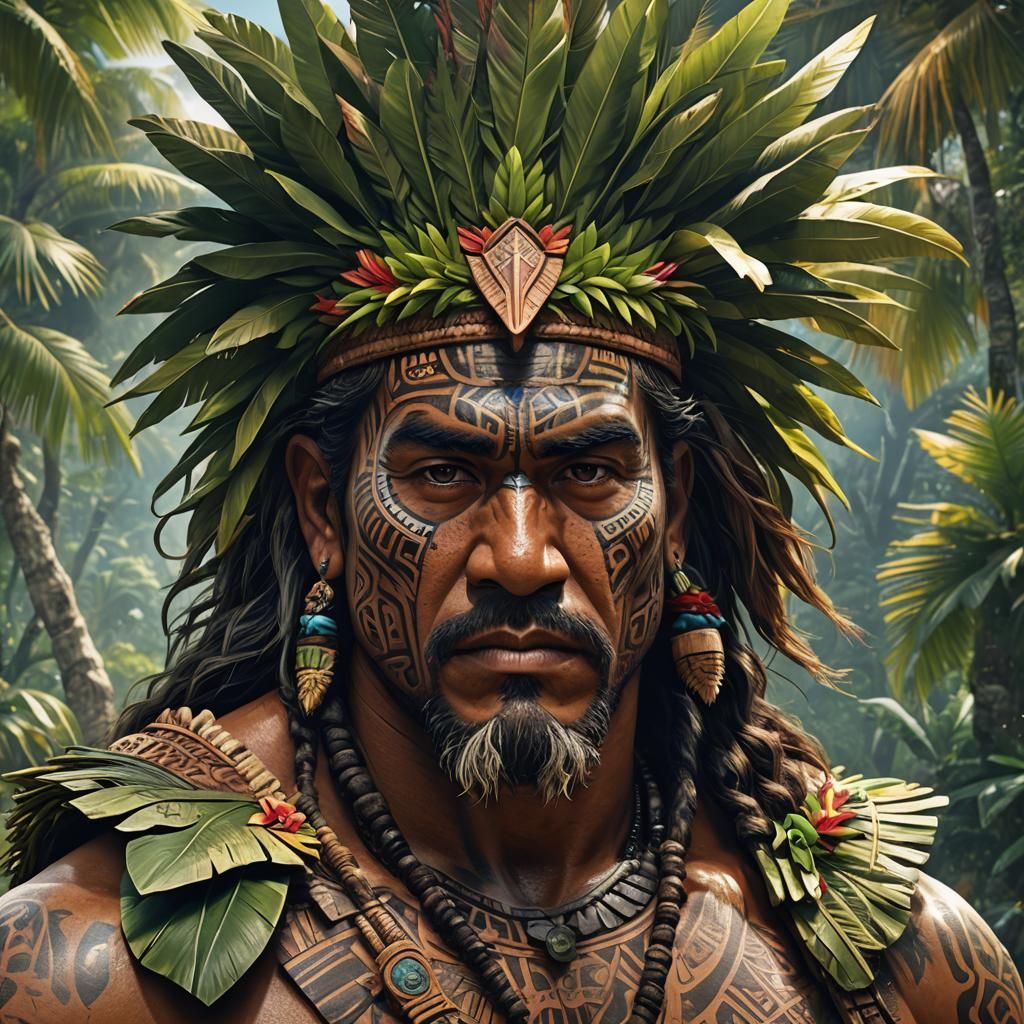 Polynesian Man Portrait in Tropical Landscape
