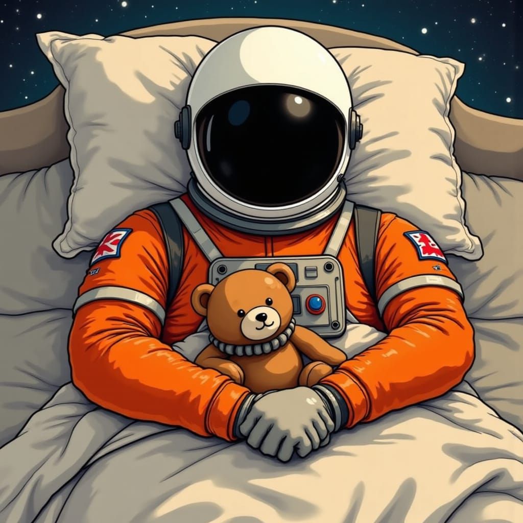 Burnt orange spaceman, white helmet, black visor, tucked up ...