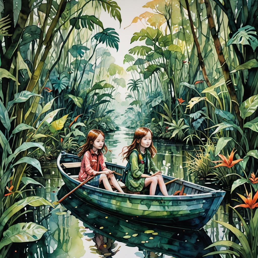 Miniature Girls' Jungle River Journey: Watercolor Art