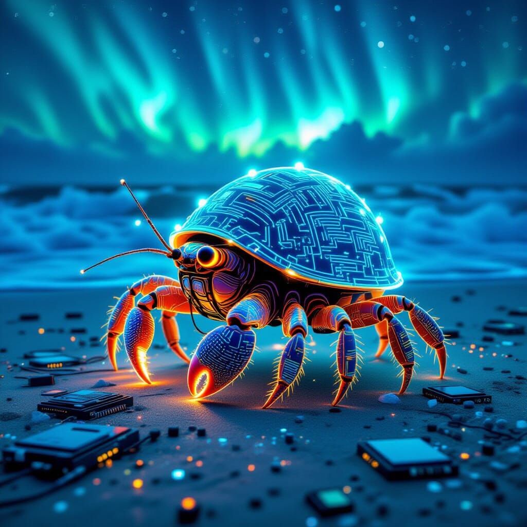 Bioluminescent Crab on Circuit Beach in Cyberpunk Style