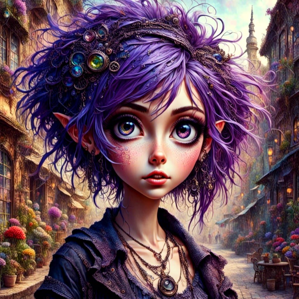 Punk Pixie with Purple Hair in Vibrant Village