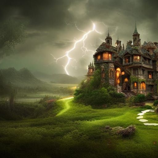 Fantasy Manor Lit by Thunderstorm: Digital Matte Painting