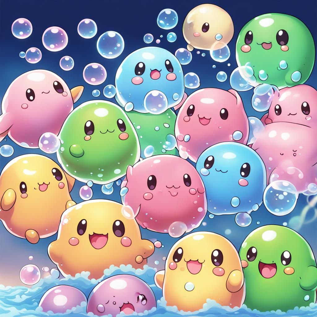 Cute Slimes with Bubbles in Anime Style