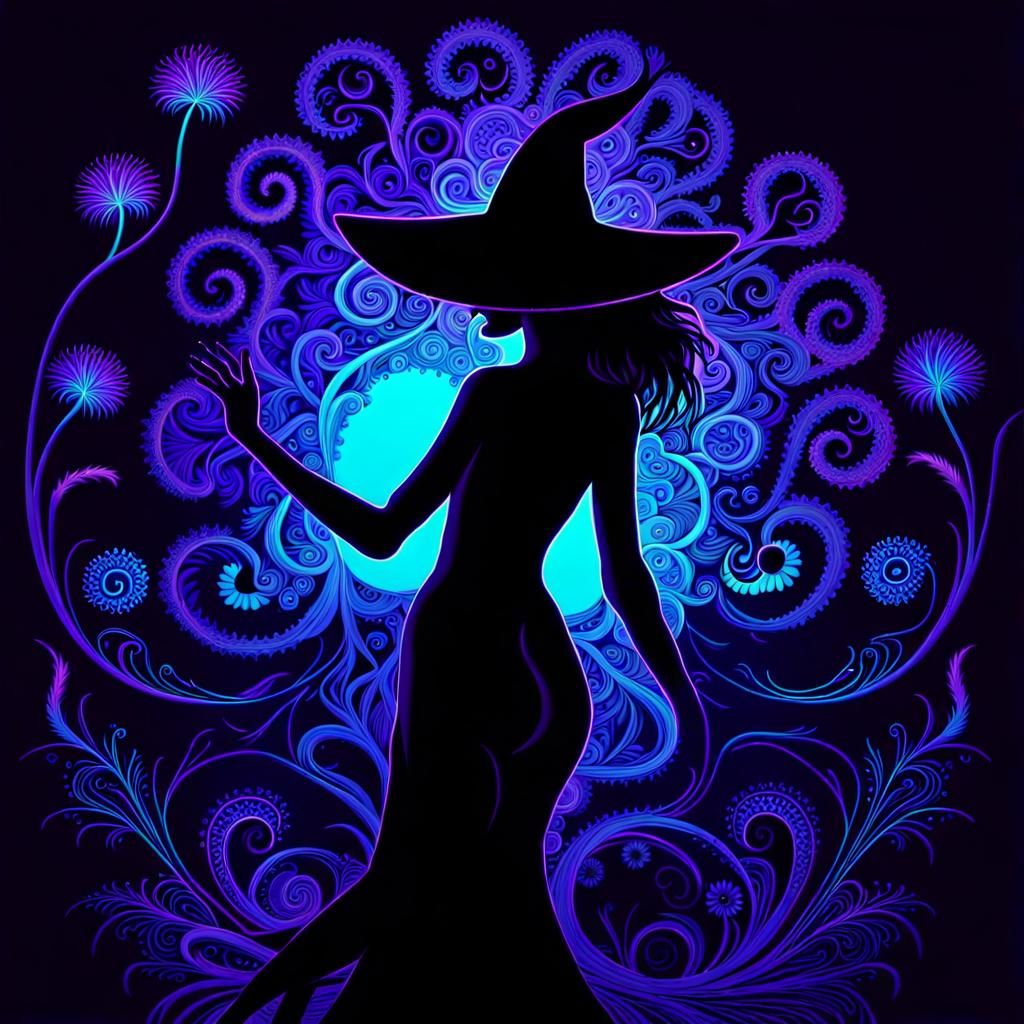 Blacklight Silhouette with Neon Henna Filigree