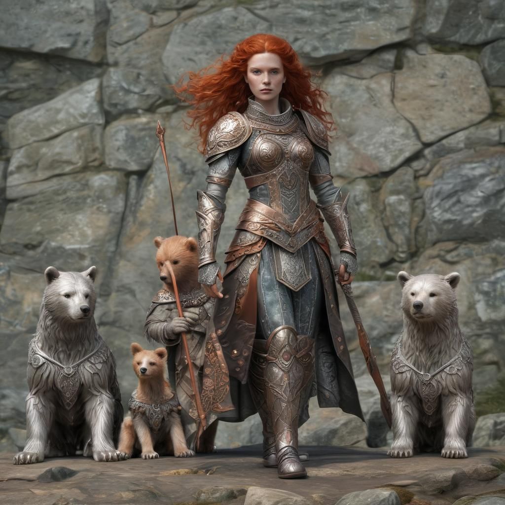 Celtic Princess with Bear Cubs in Copper Armor