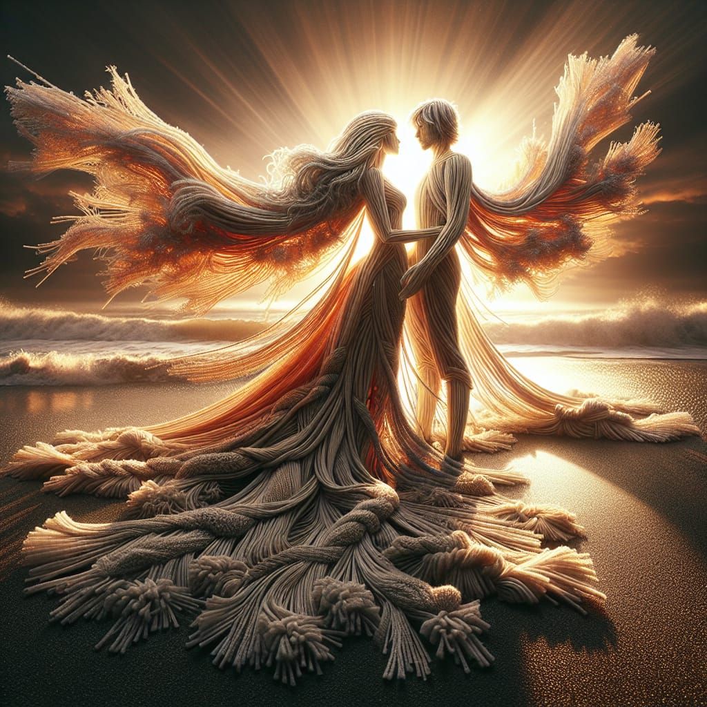 String Couple Embrace on Sunset Beach: Fantasy Art