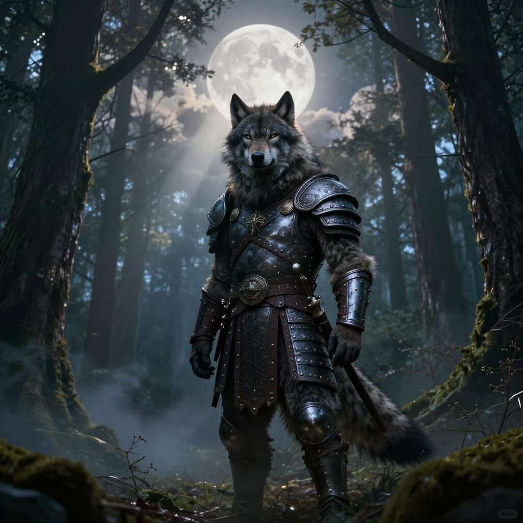 Werewolf Viking Warrior Under Full Moon in Forest