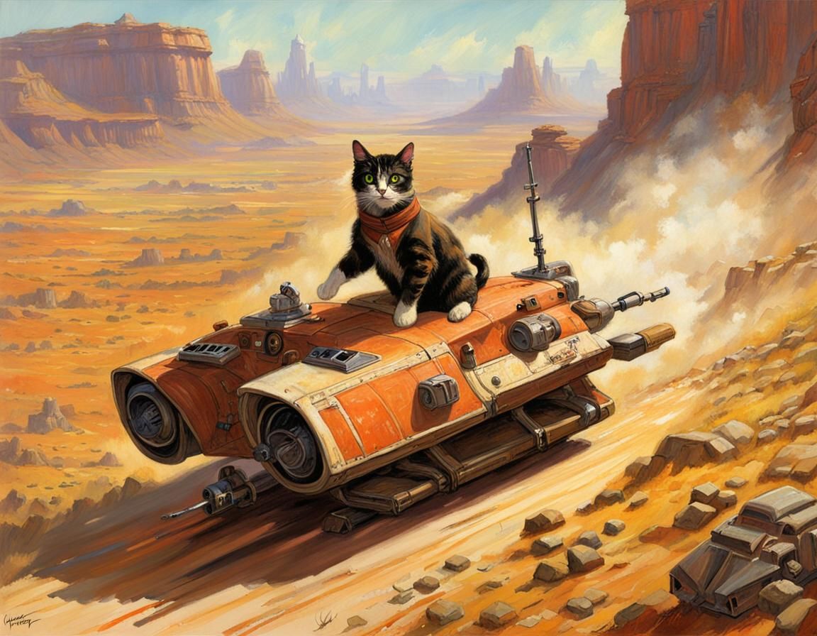 Cat on Star Wars Speeder in Wasteland, Gurney Style