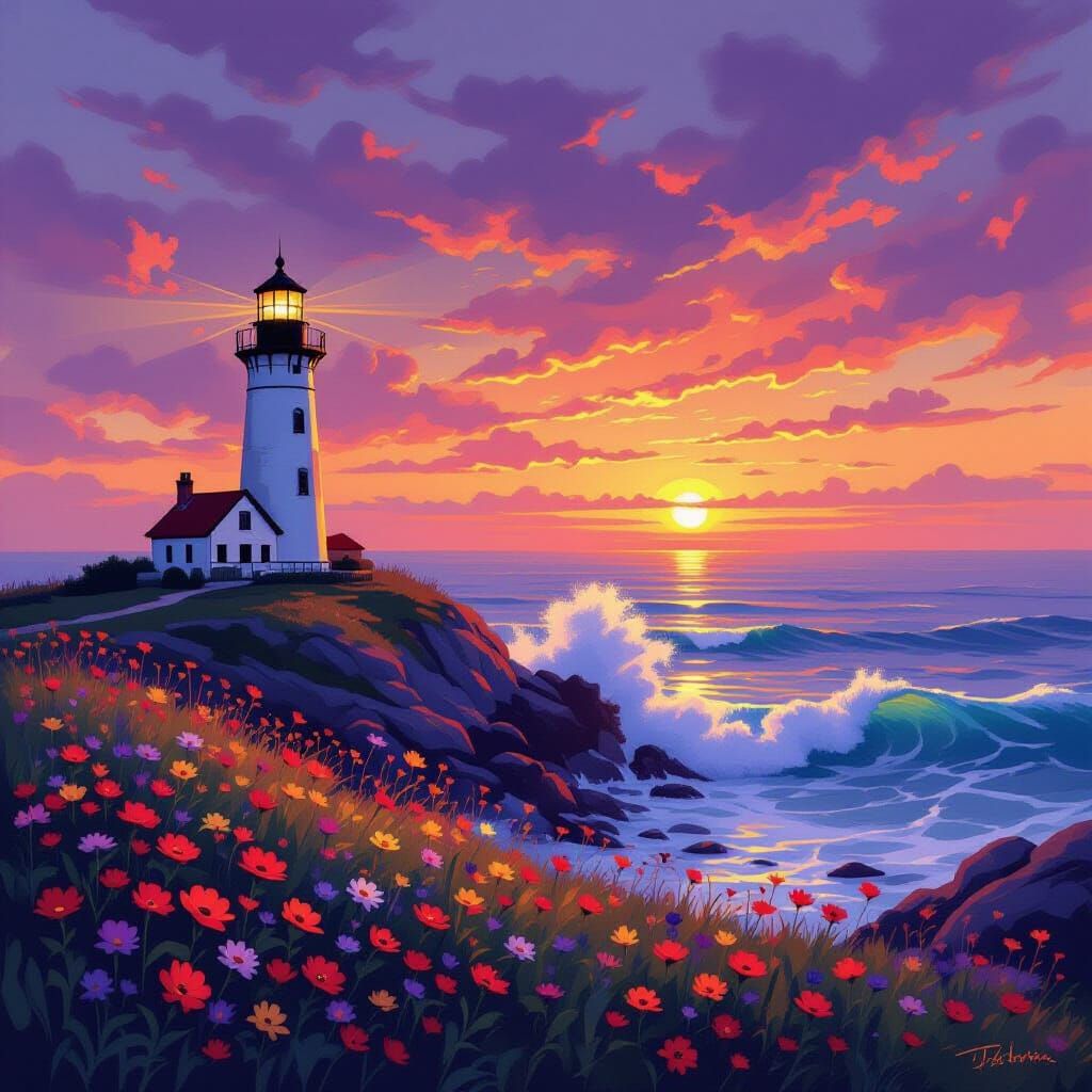 Lighthouse Sunset Over Wildflower Coastline