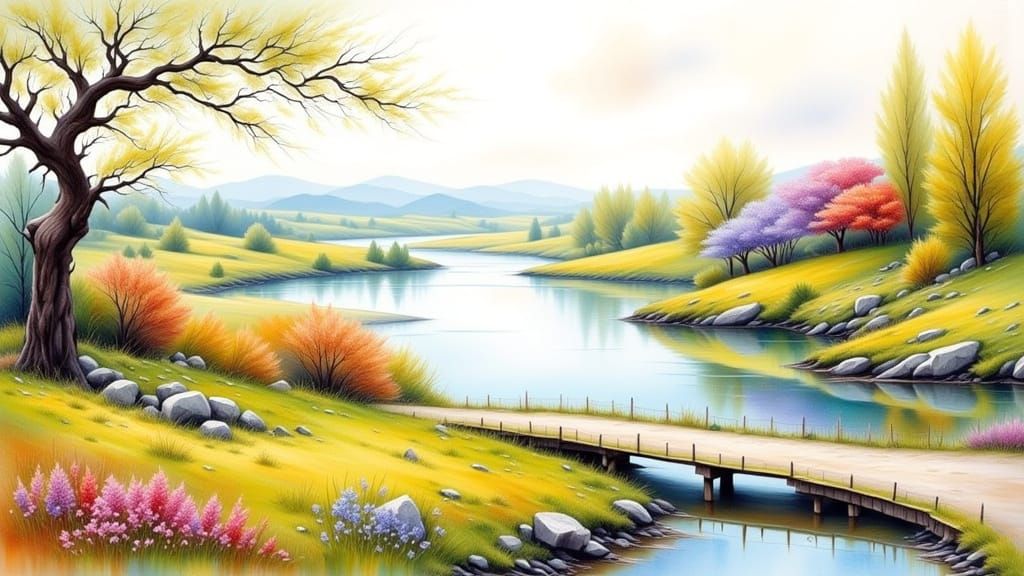 Impasto Landscape on Watercolor in Antique Style