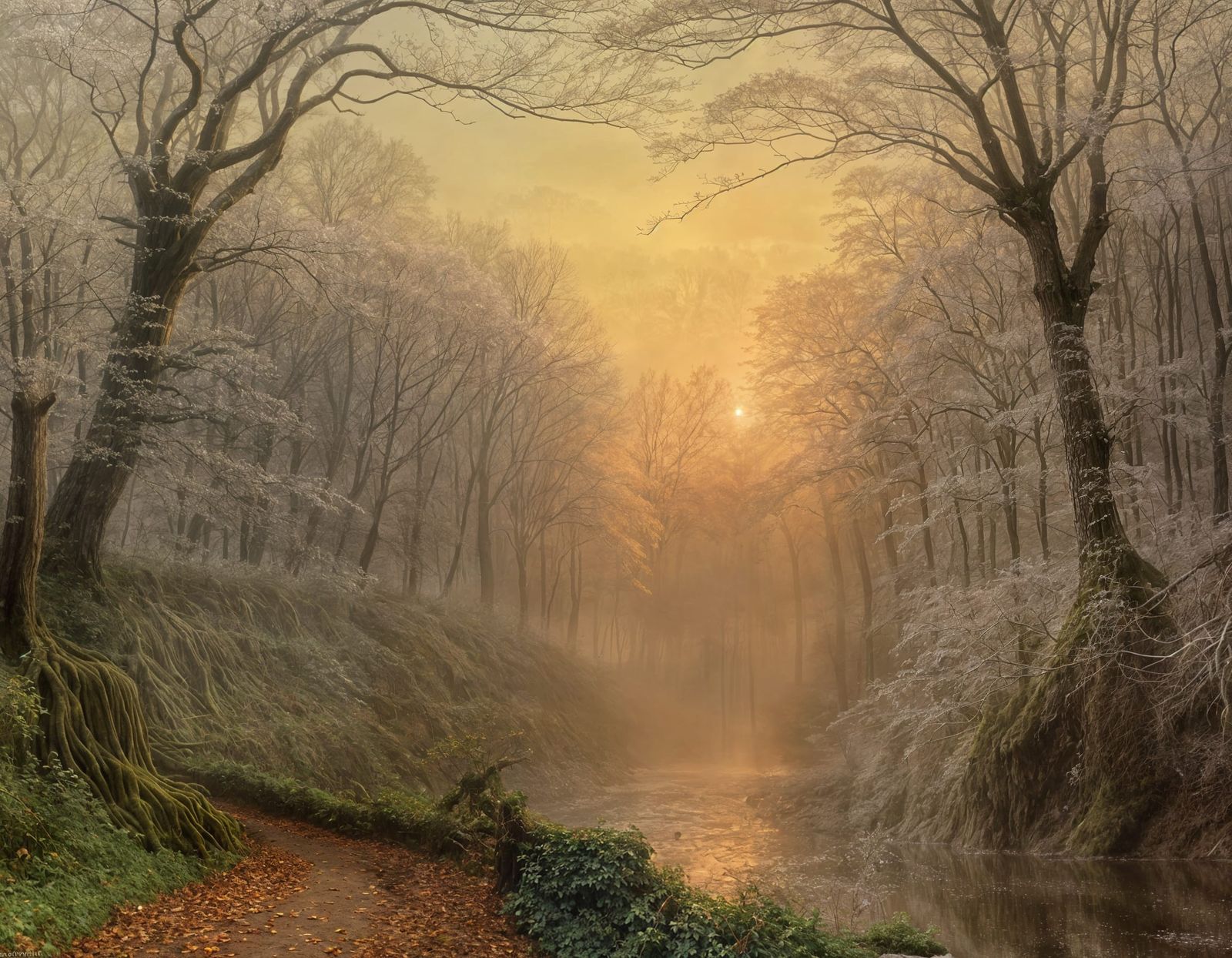 Sun Breaks Through Foggy Forest Ravine