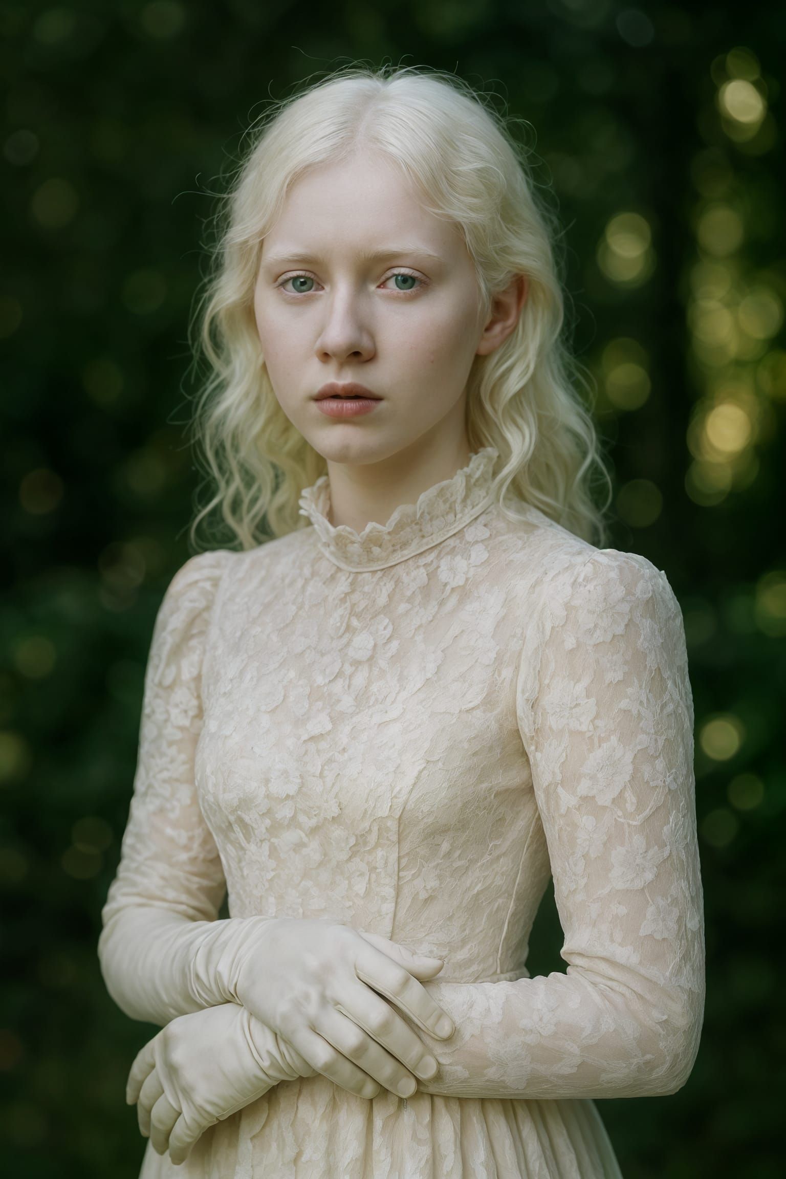 Albino Woman in Lace Dress: Fine Art Portrait