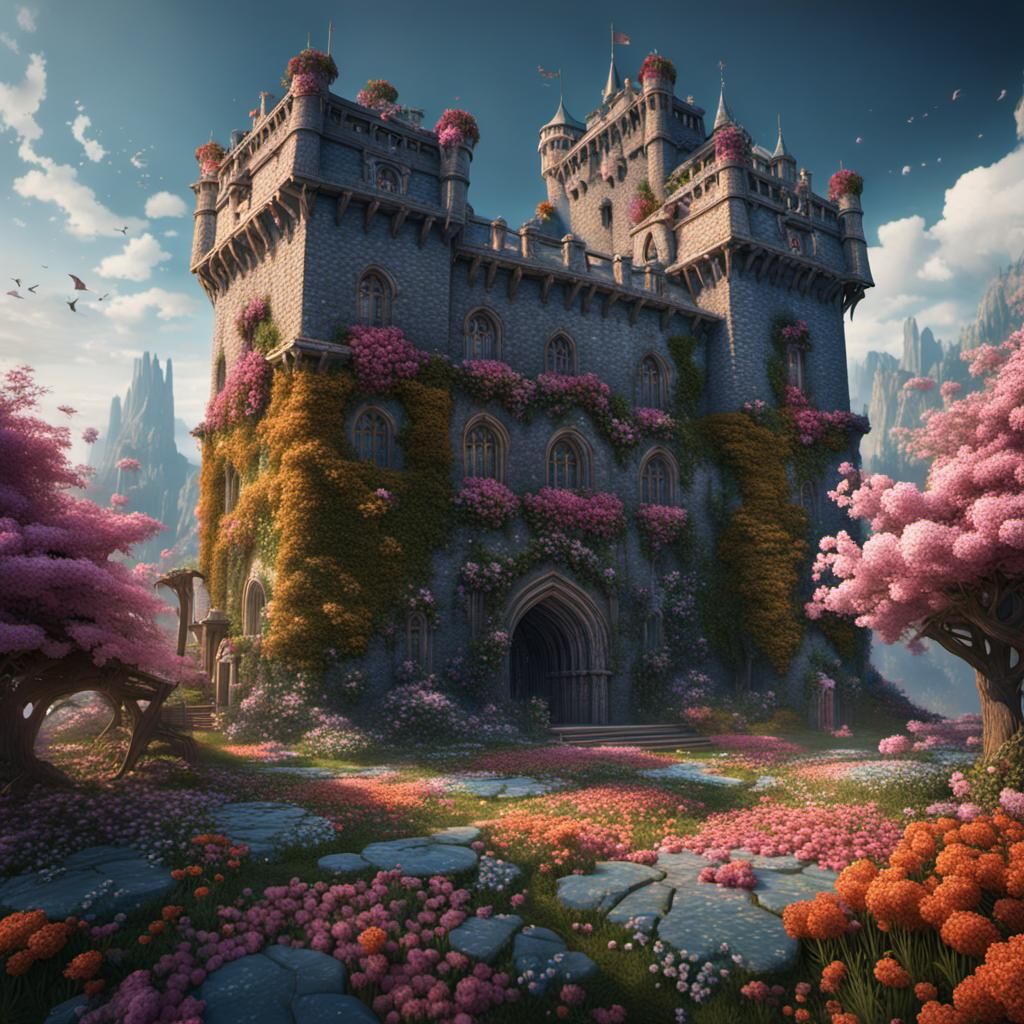 Ethereal Castle Covered in Flowers: Fantasy Concept Art