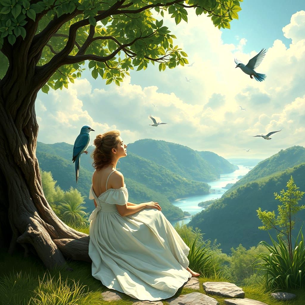 A Dreamy Young Woman Contemplates Paradise on a Serene Escad...