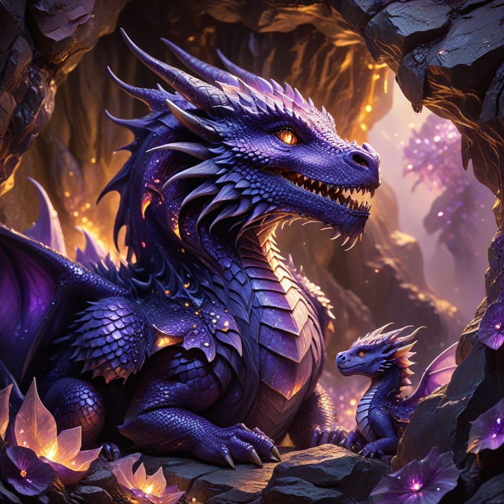 Amethyst Dragon Protecting Her Babies: Fantasy Oil Painting