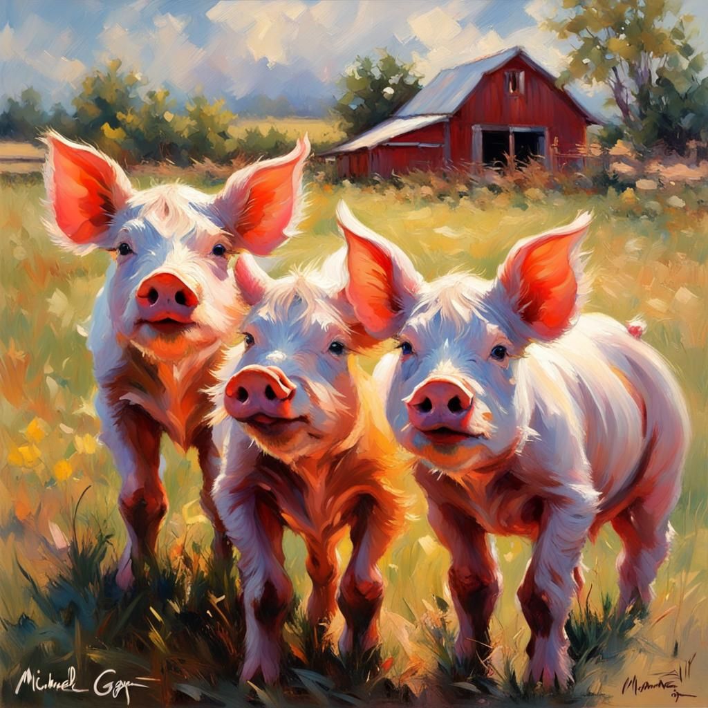 Impressionistic Piglets in Farm Landscape Painting