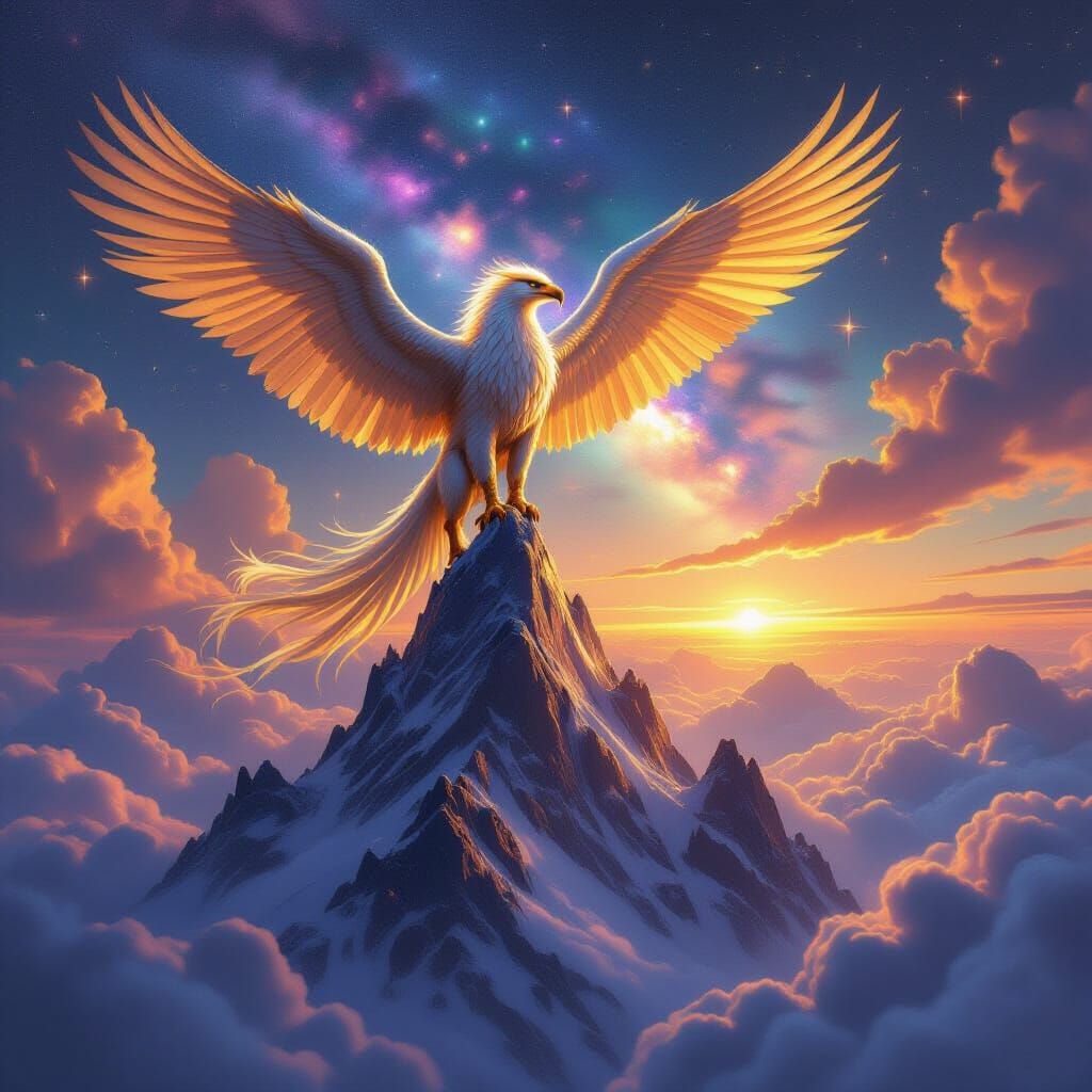 Majestic Griffin on Crystal Mountain in Cosmic Cloudscape