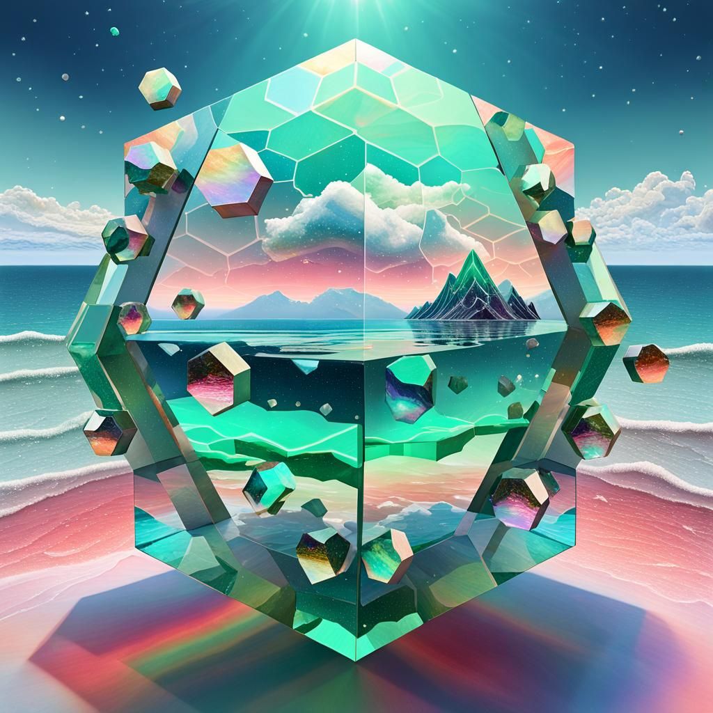 Iridescent Hexagon Dodecahedron Above Ocean, Digital Art