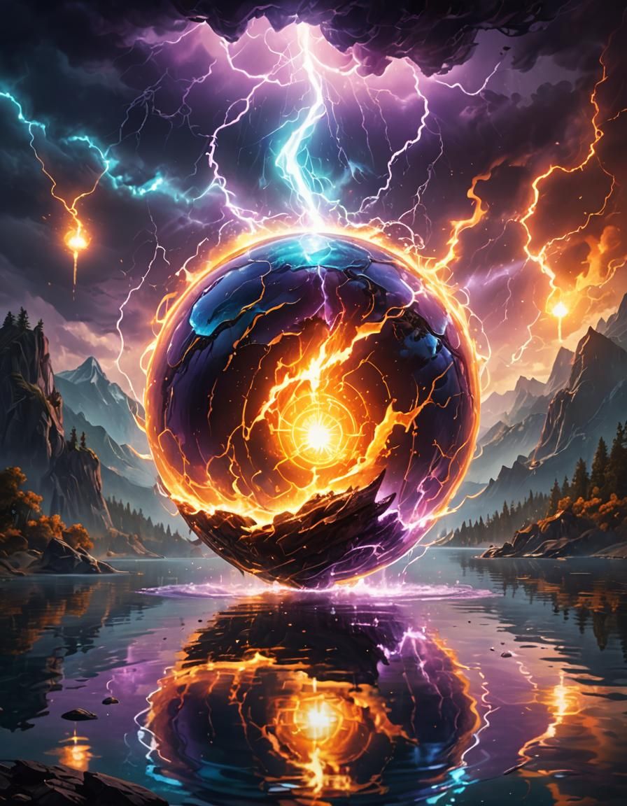 A magic glowing orb over a calm lake.