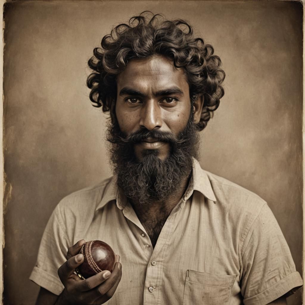 Pleased Indian Man with Cricket Ball in Sepia