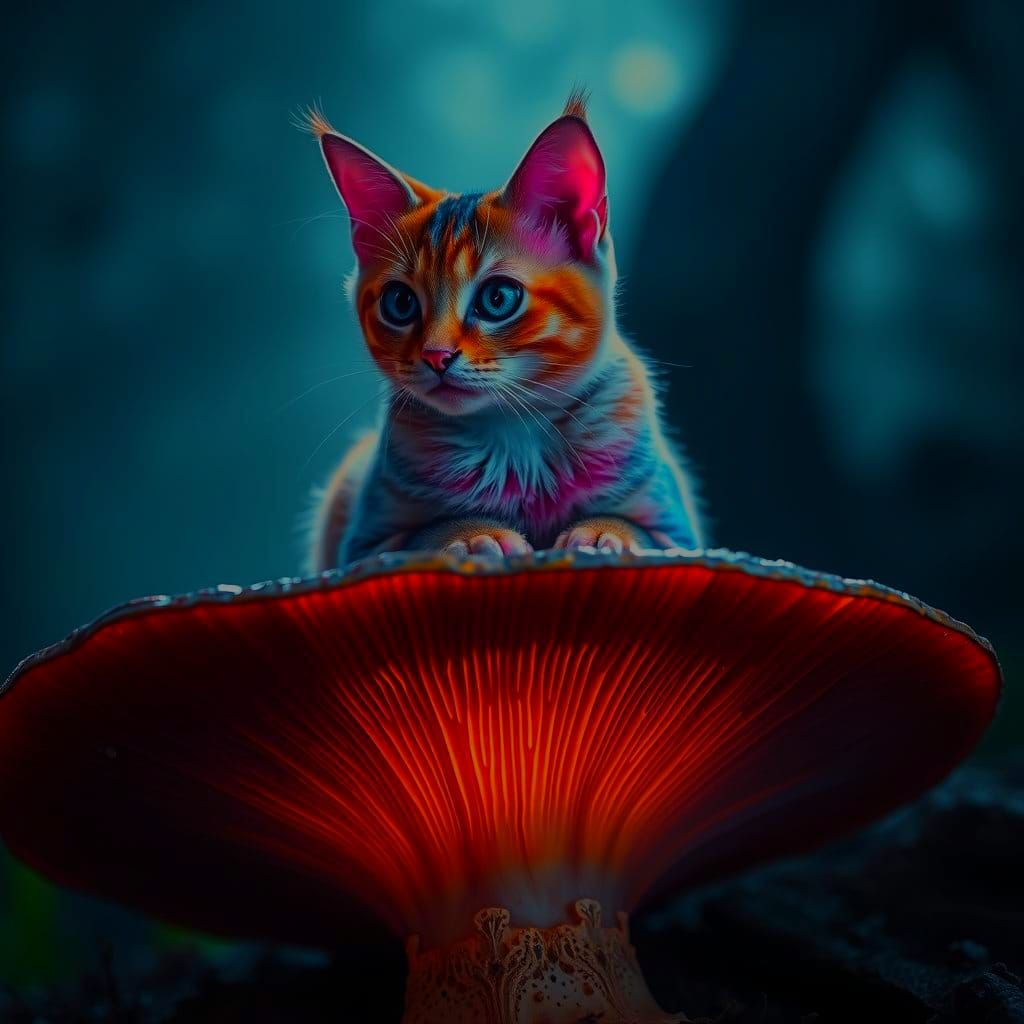 Vibrant Cat on Mushroom, Hyperrealistic 64 Megapixels