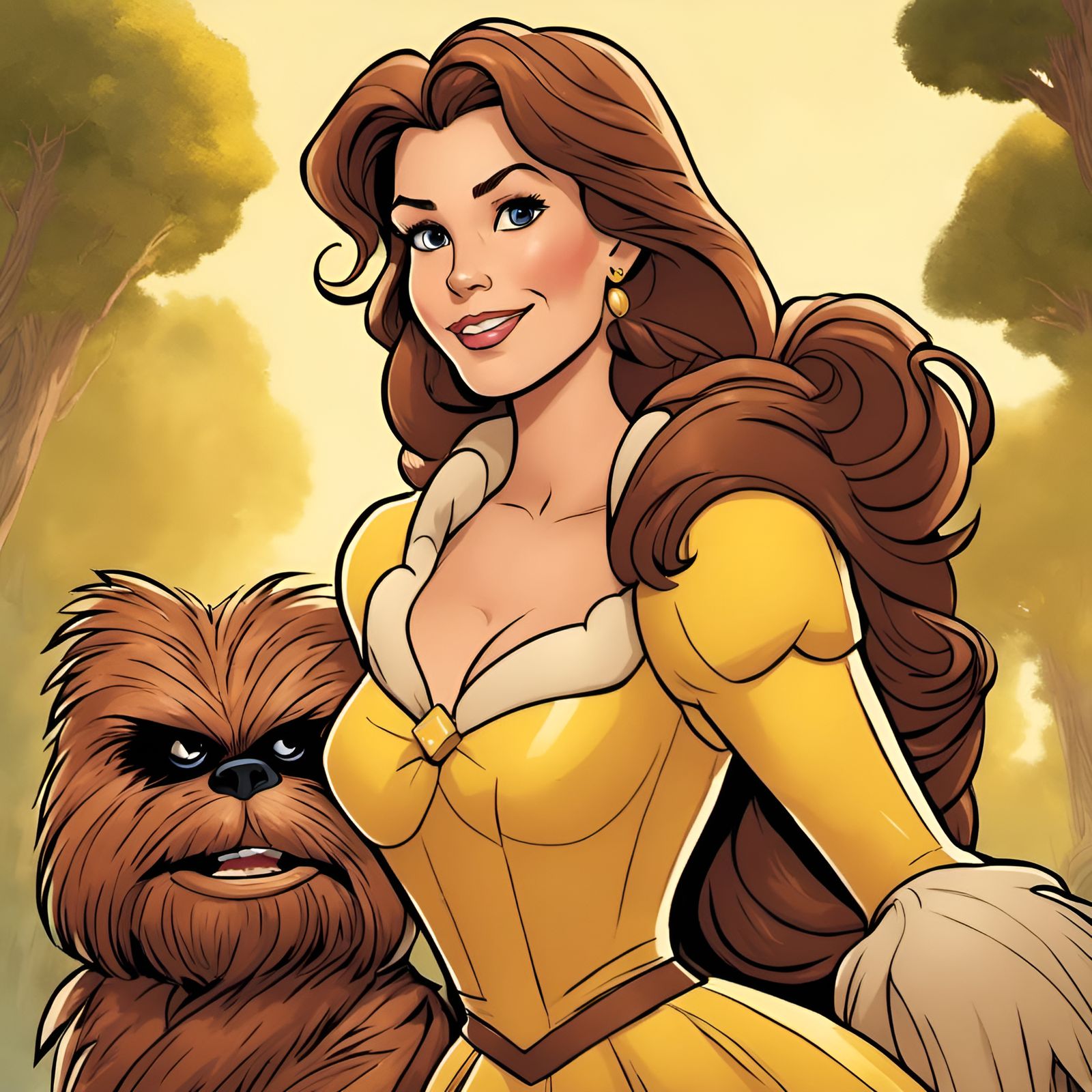 Princess Belle and Chewbacca Portrait in Comic Book Style