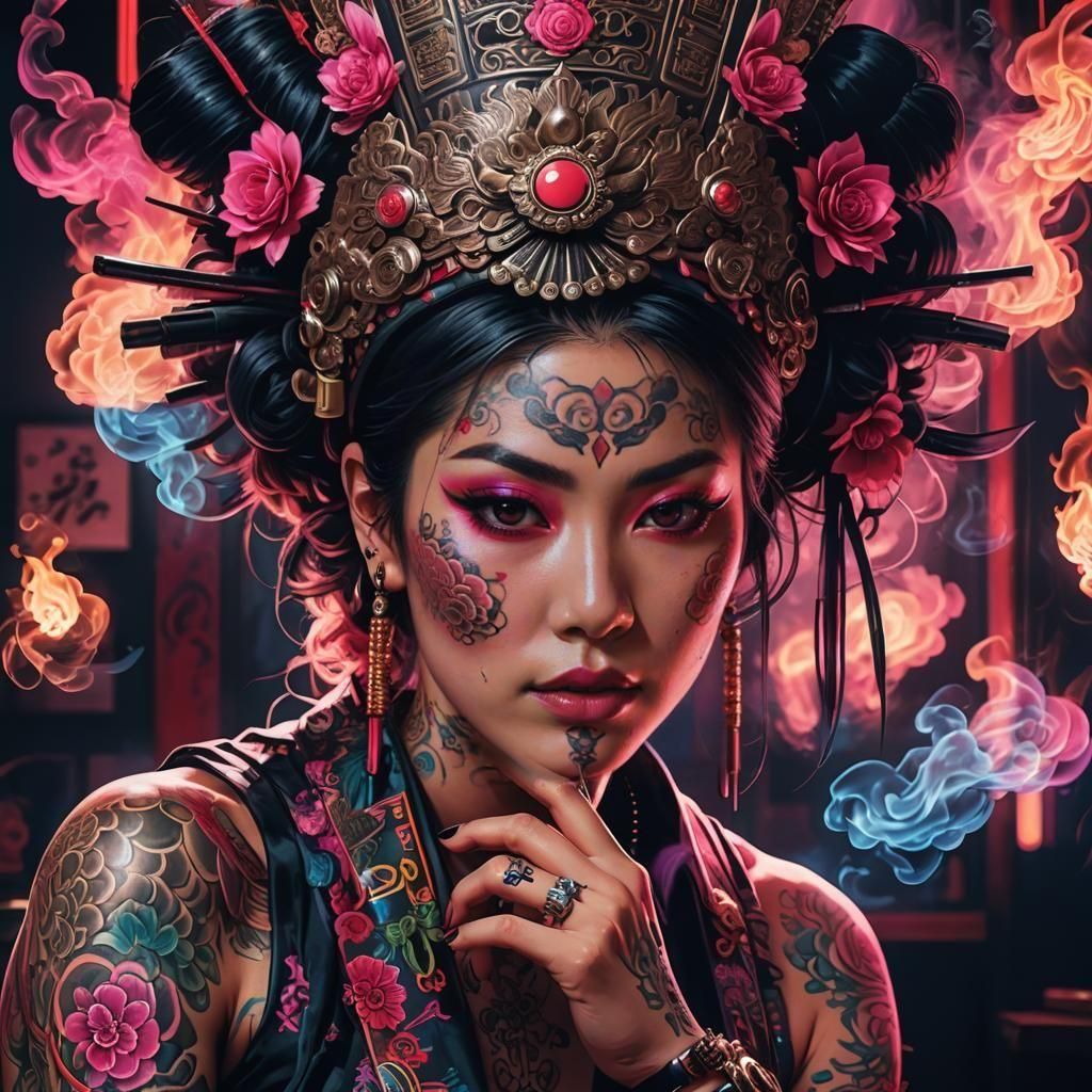 Yakuza Woman Portrait in Synthwave Neon Style