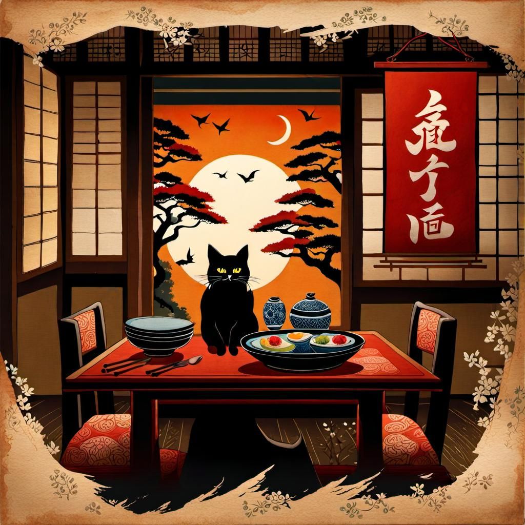 Watercolor Cat in Japanese Dining Room