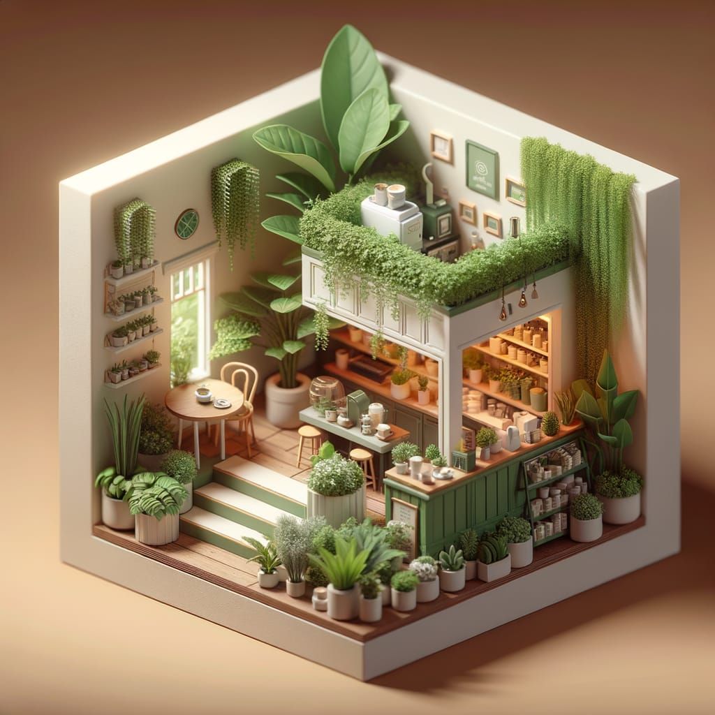 Charming Isometric Coffee Shop Overflowing with Plants