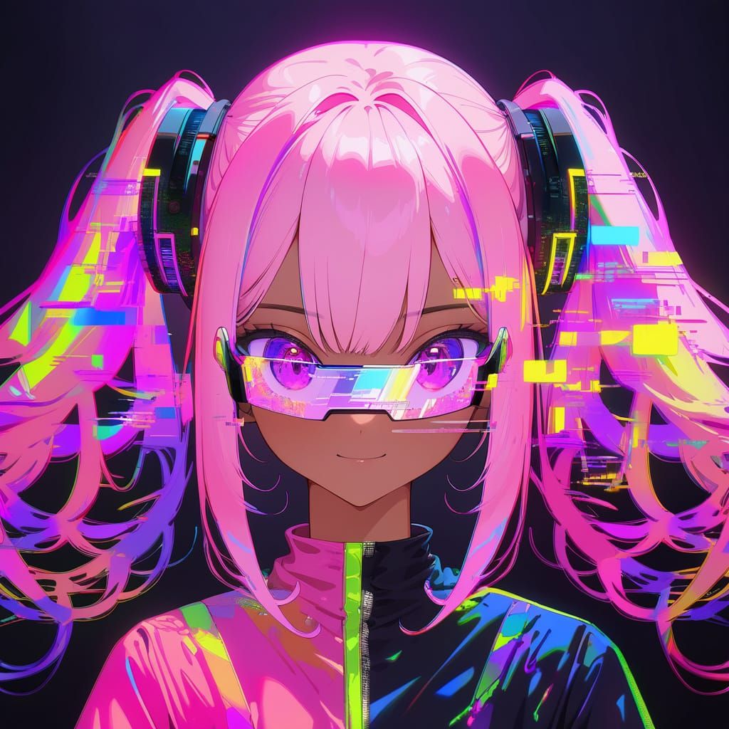 Cyberpunk Portrait with Pink Hair and Glitch Effects