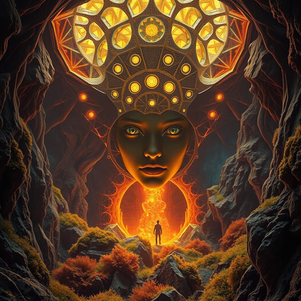 Dark Fantasy Valley with Feminine Figure in Art Deco Style