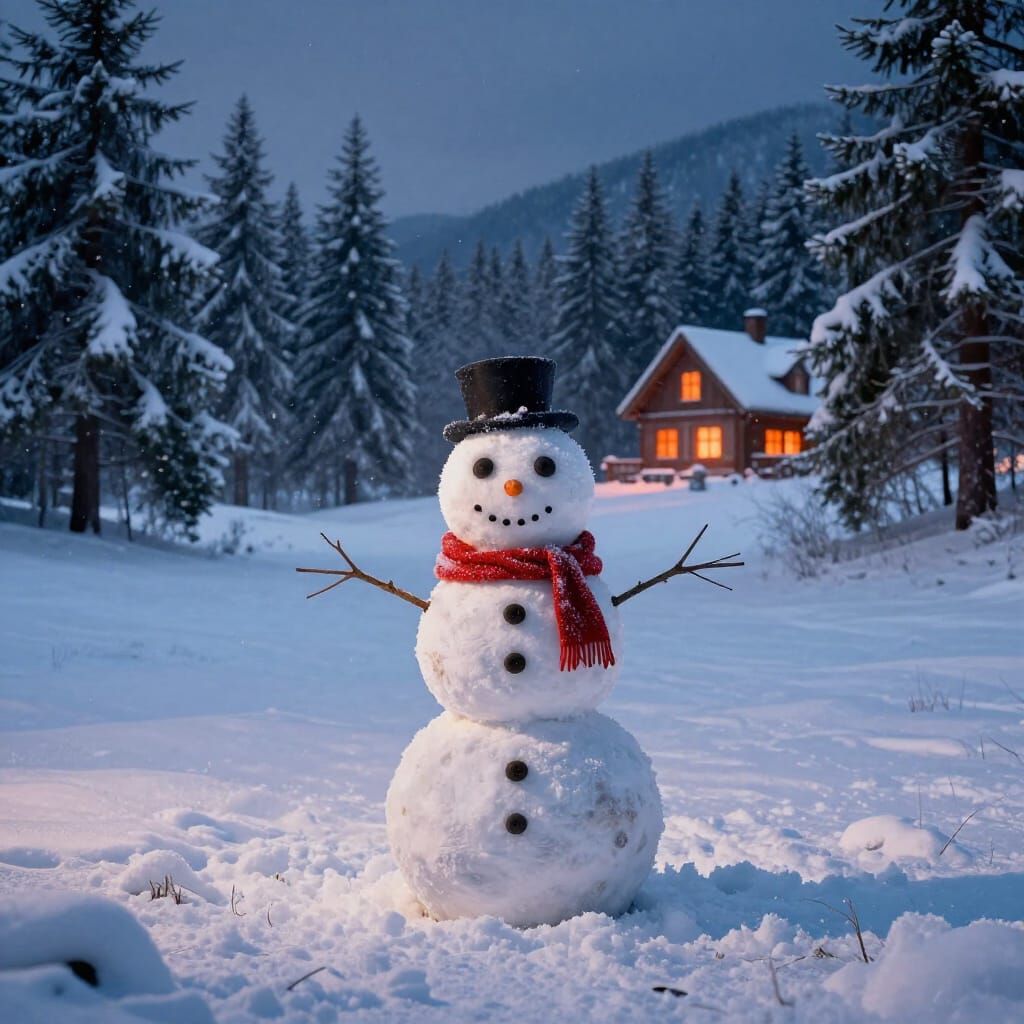 Detailed Snowman and Cozy House in Winter Landscape