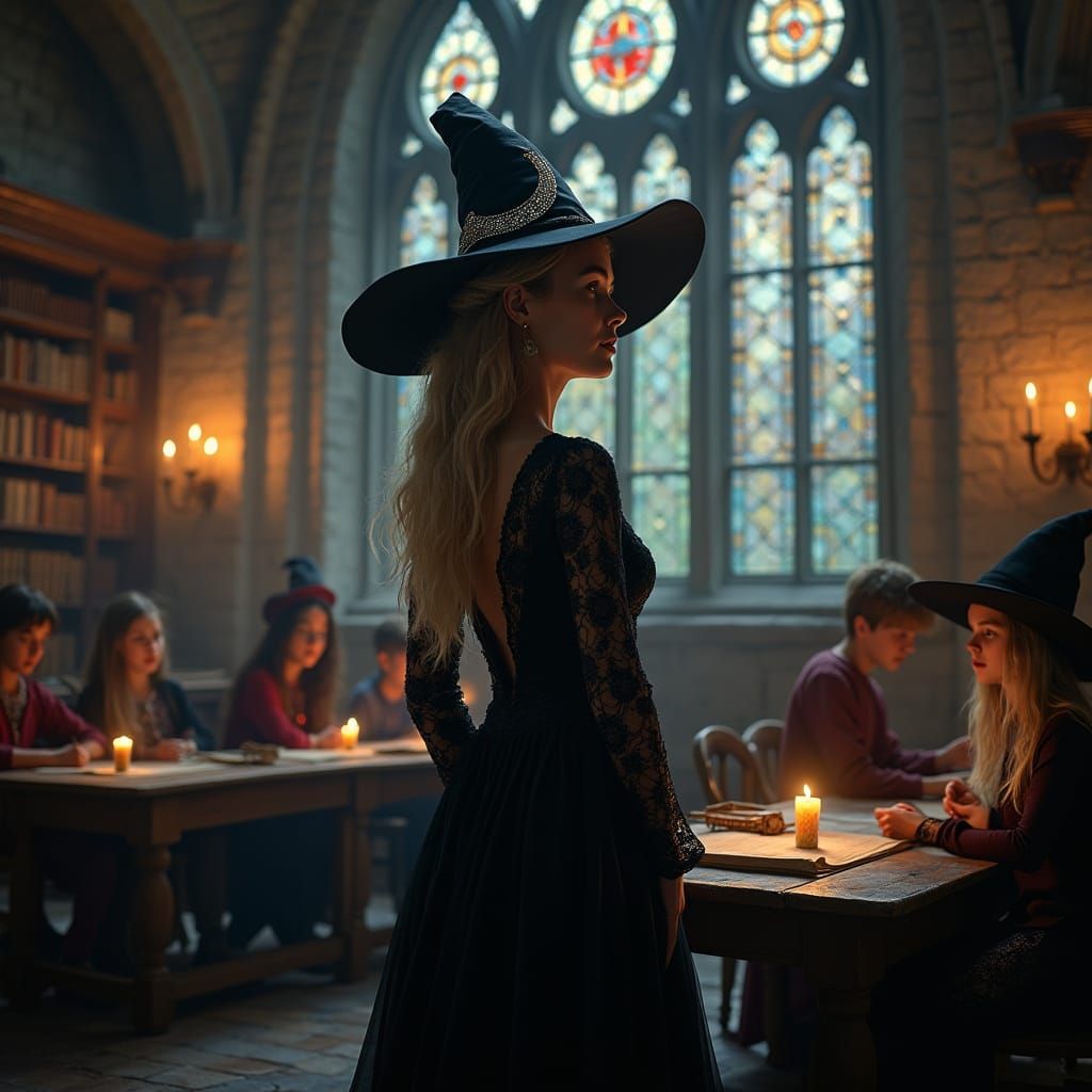 Enchanted Teacher Surrounded by Young Wizards in a Magical C...