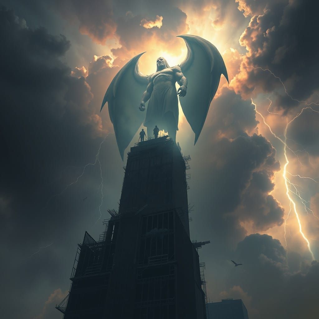 Imposing Figure Dominates Ruined Skyscraper in Cyberpunk Lan...
