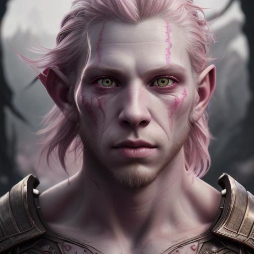 Handsome Pink-Eyed Half-Orc Portrait in Detailed Digital Art