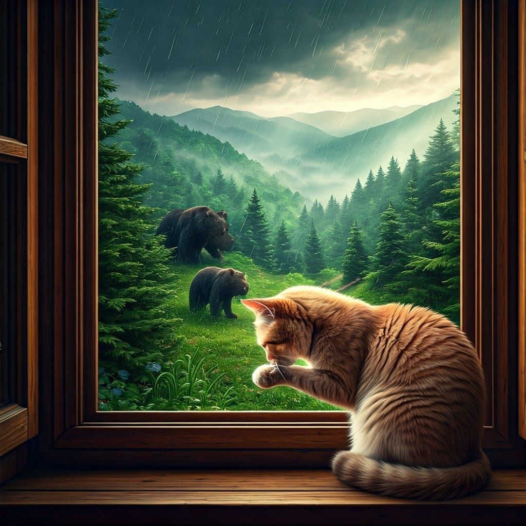 Cat Contemplates Smoky Mountains in Atmospheric Matte Painti...