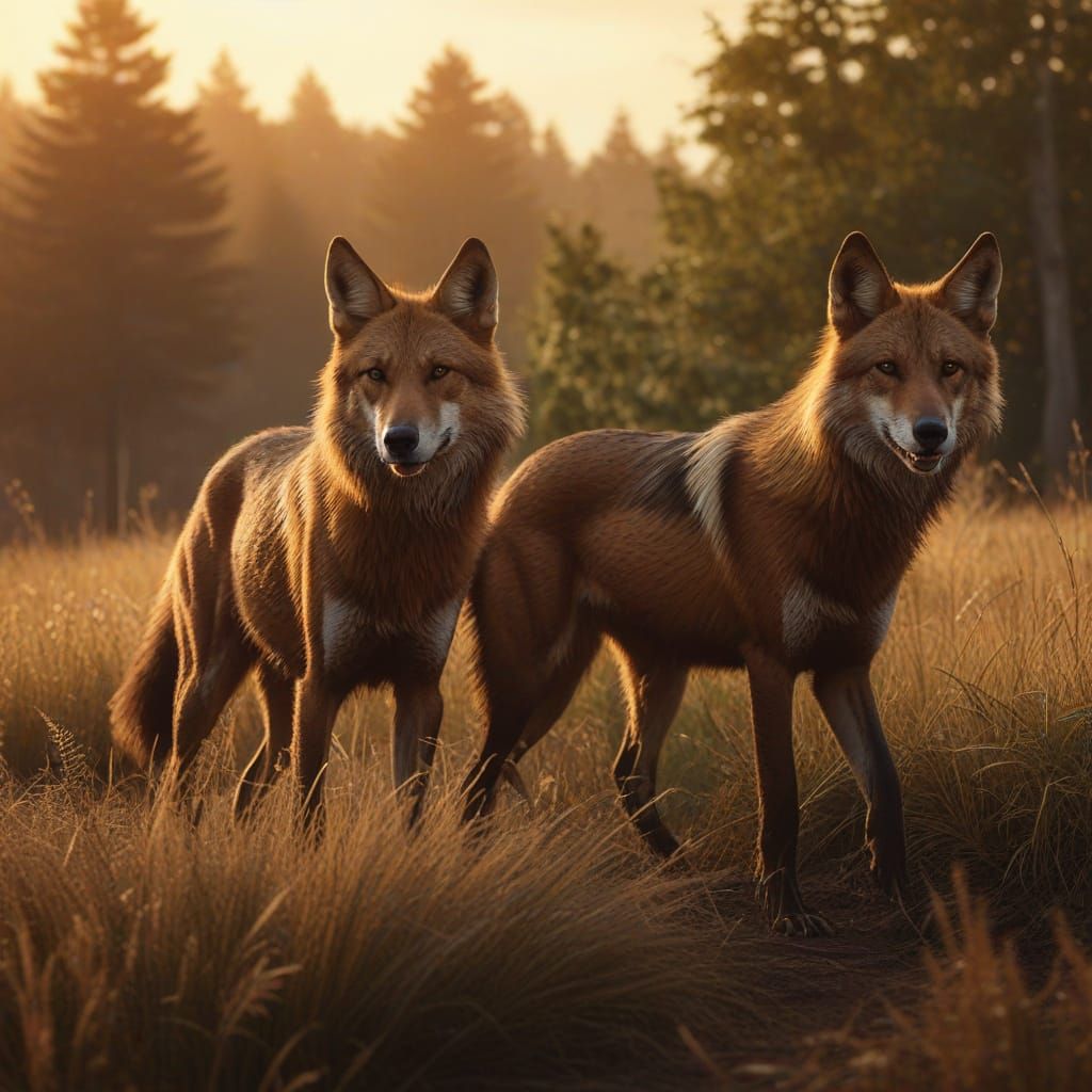 Maned Wolves in Mystical Savannah Twilight