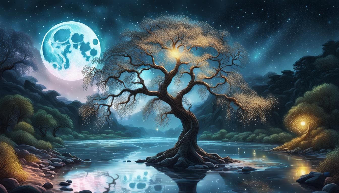 Glowing Tree by River Under Moonlight: Fantasy Art