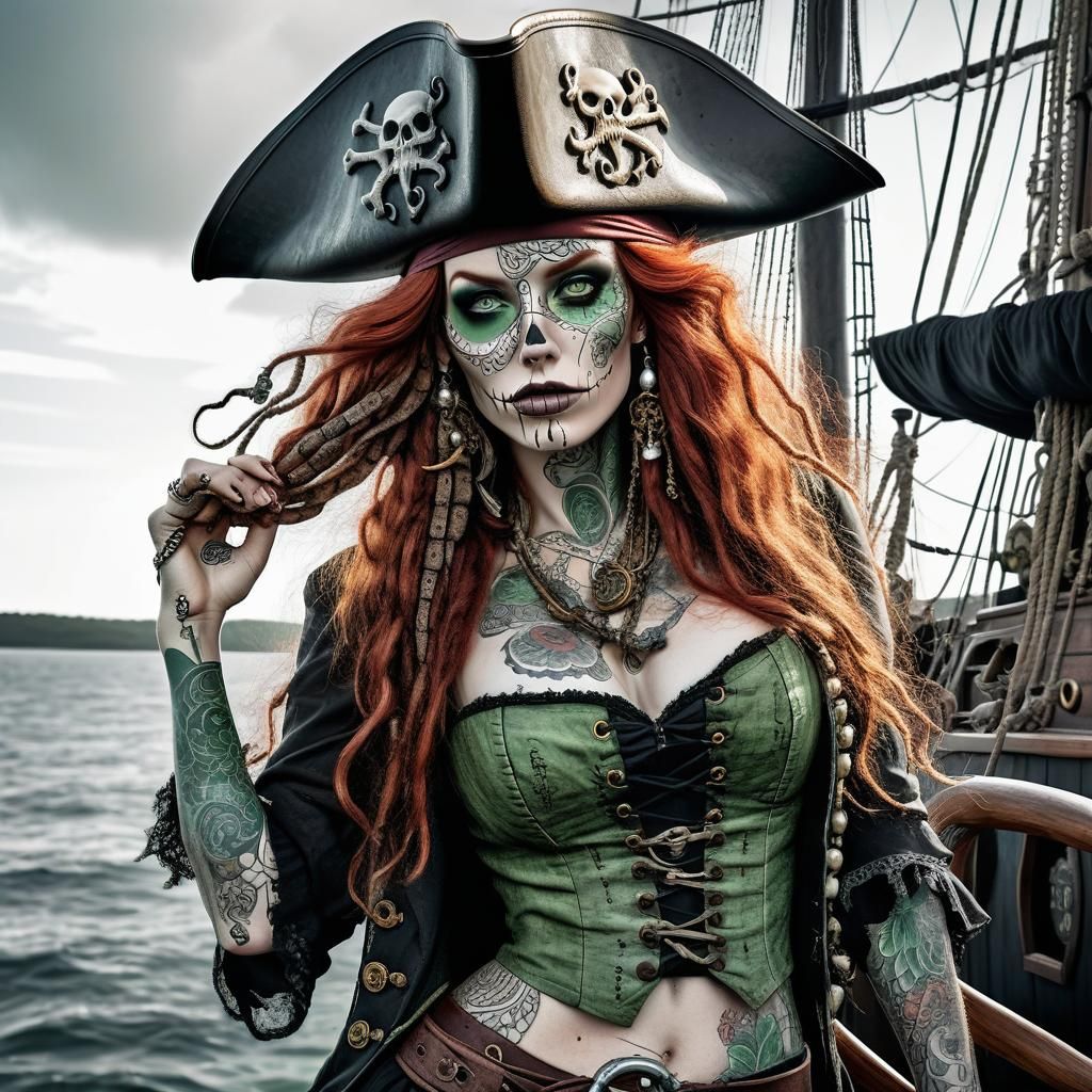 Redhead Pirate Girl Portrait with Zentangle Tattoos