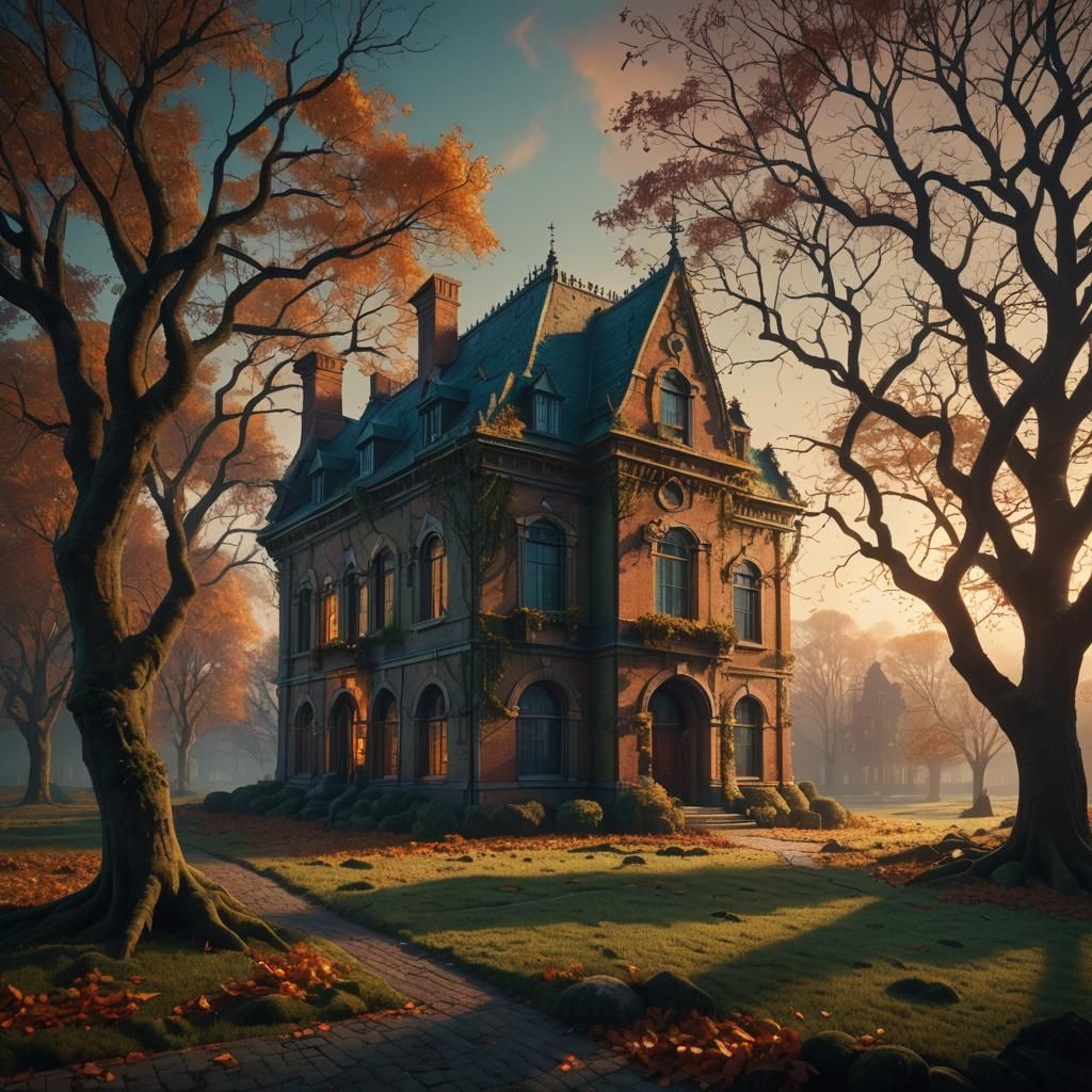 Ethereal Autumn Building in Matte Painting Style